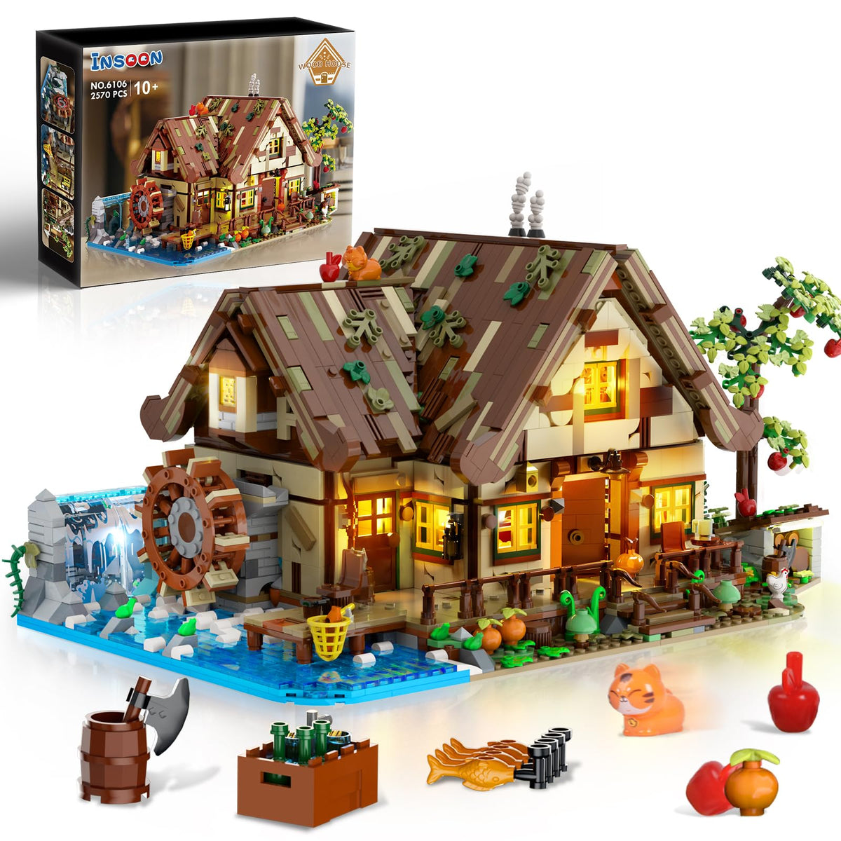 INSOON Wood Cabin Building Set waterwheel spins for imaginative play and focus