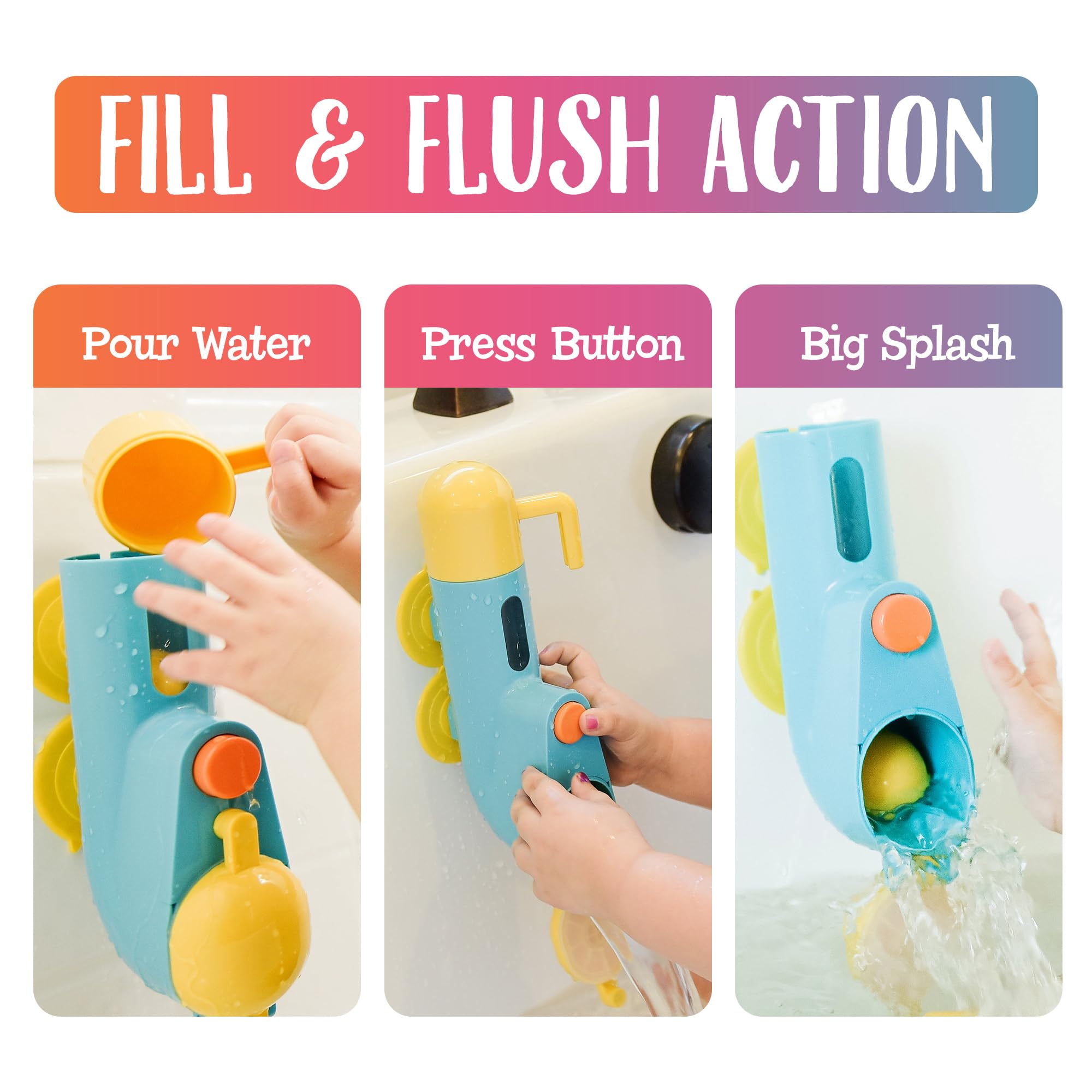 Inspiration Play Fill N' Splash Submarine balls-floating capture kids' attention during bath.