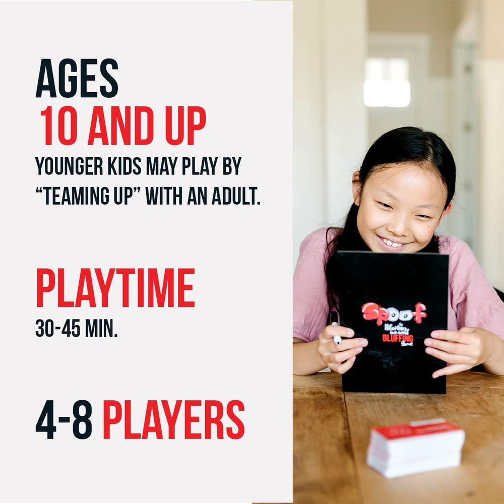 Inspiration Play Spoof players laughing together during a fast-paced bluffing round.