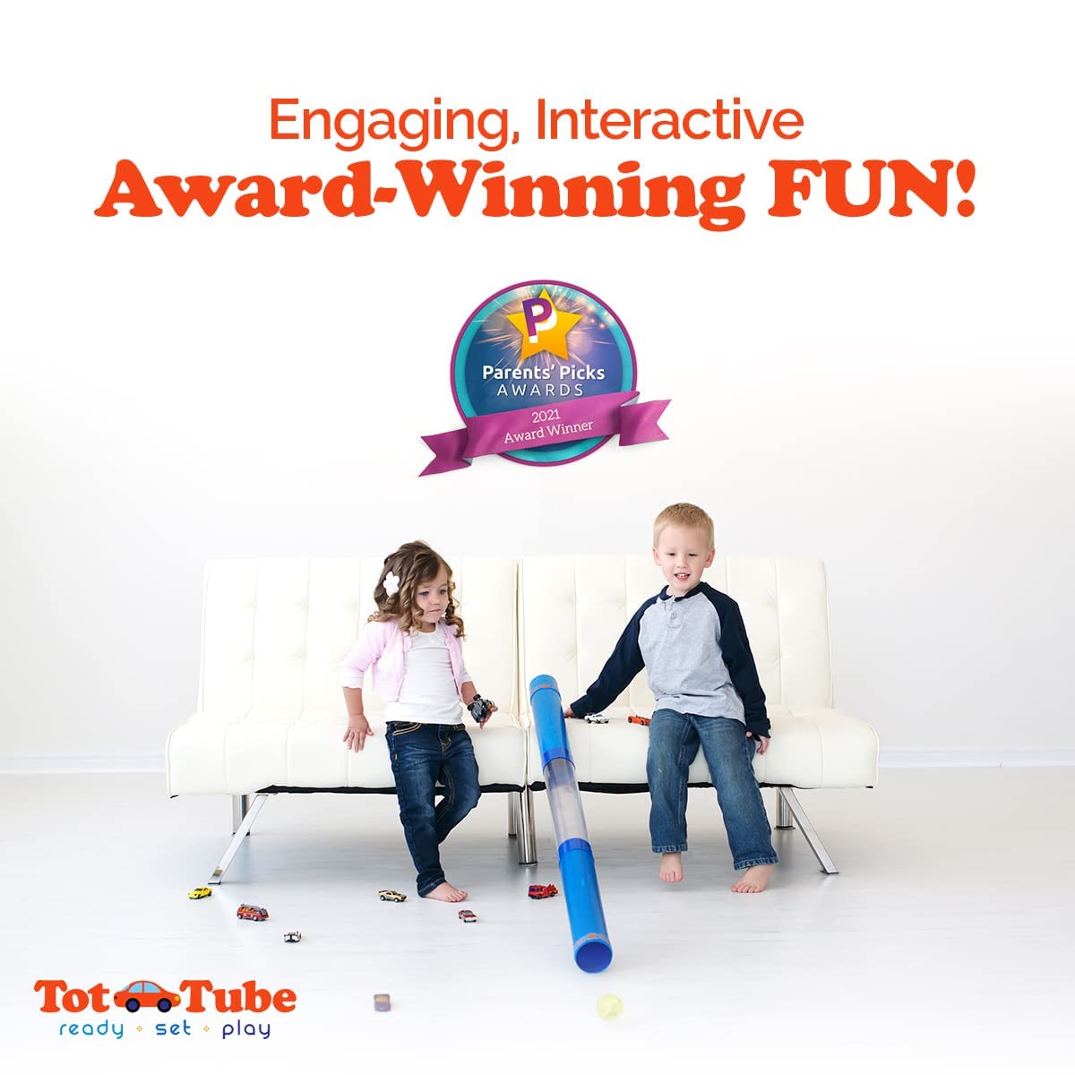 Inspiration Play Tot Tube Playset transparent middle section allows kids to watch cars pass.