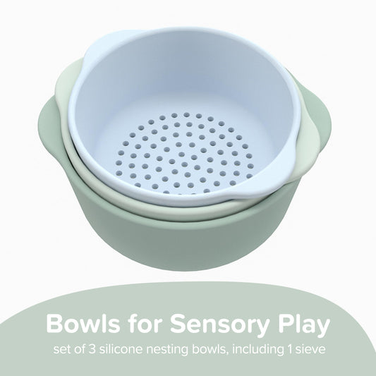 Inspire My Play nesting bowls stacked neatly, great for compact storage after play.