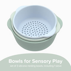 Inspire My Play nesting bowls stacked neatly, great for compact storage after play.