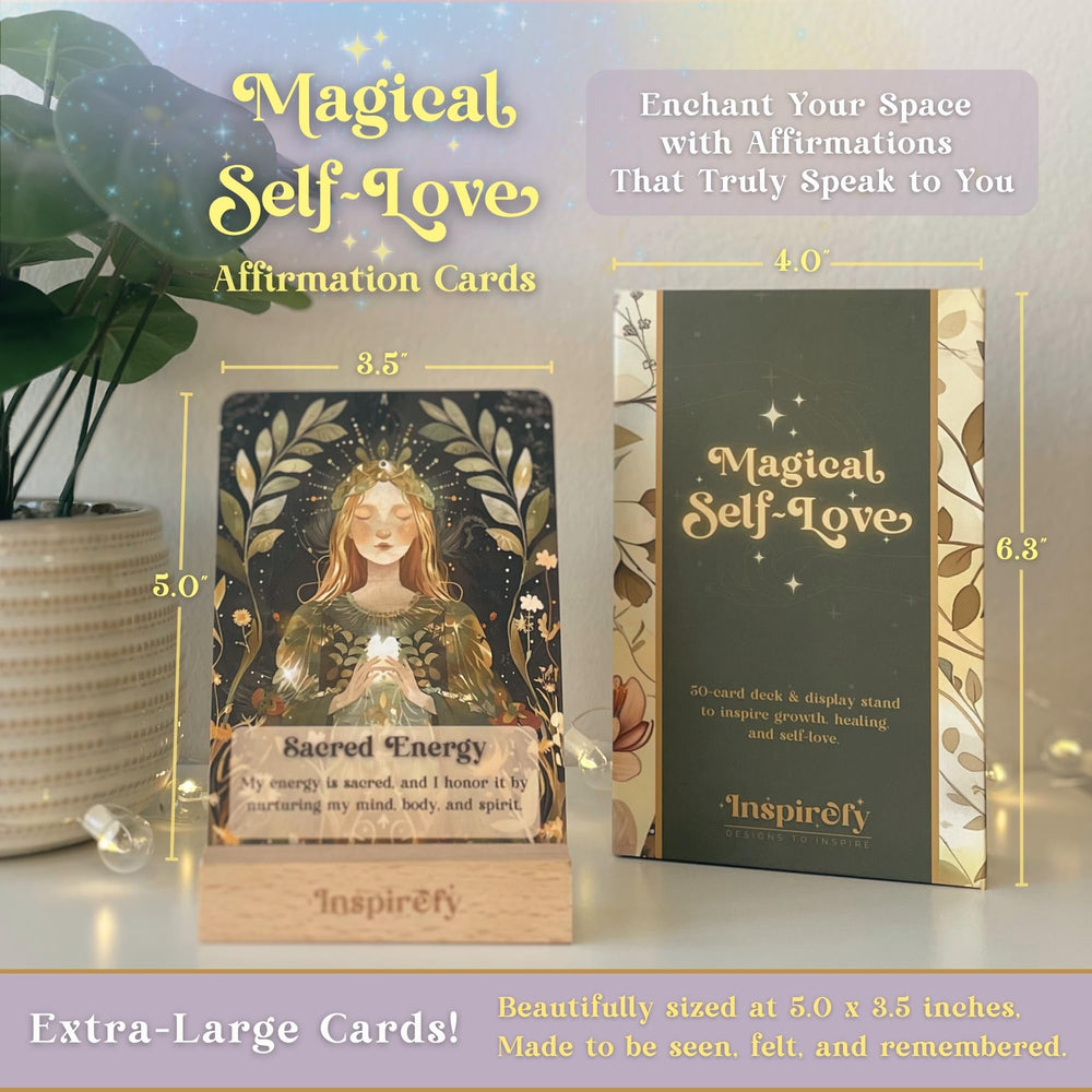 Inspirefy self-love cards wooden stand keeping messages visible on a desk for mindfulness.