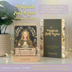 Inspirefy self-love cards wooden stand keeping messages visible on a desk for mindfulness.