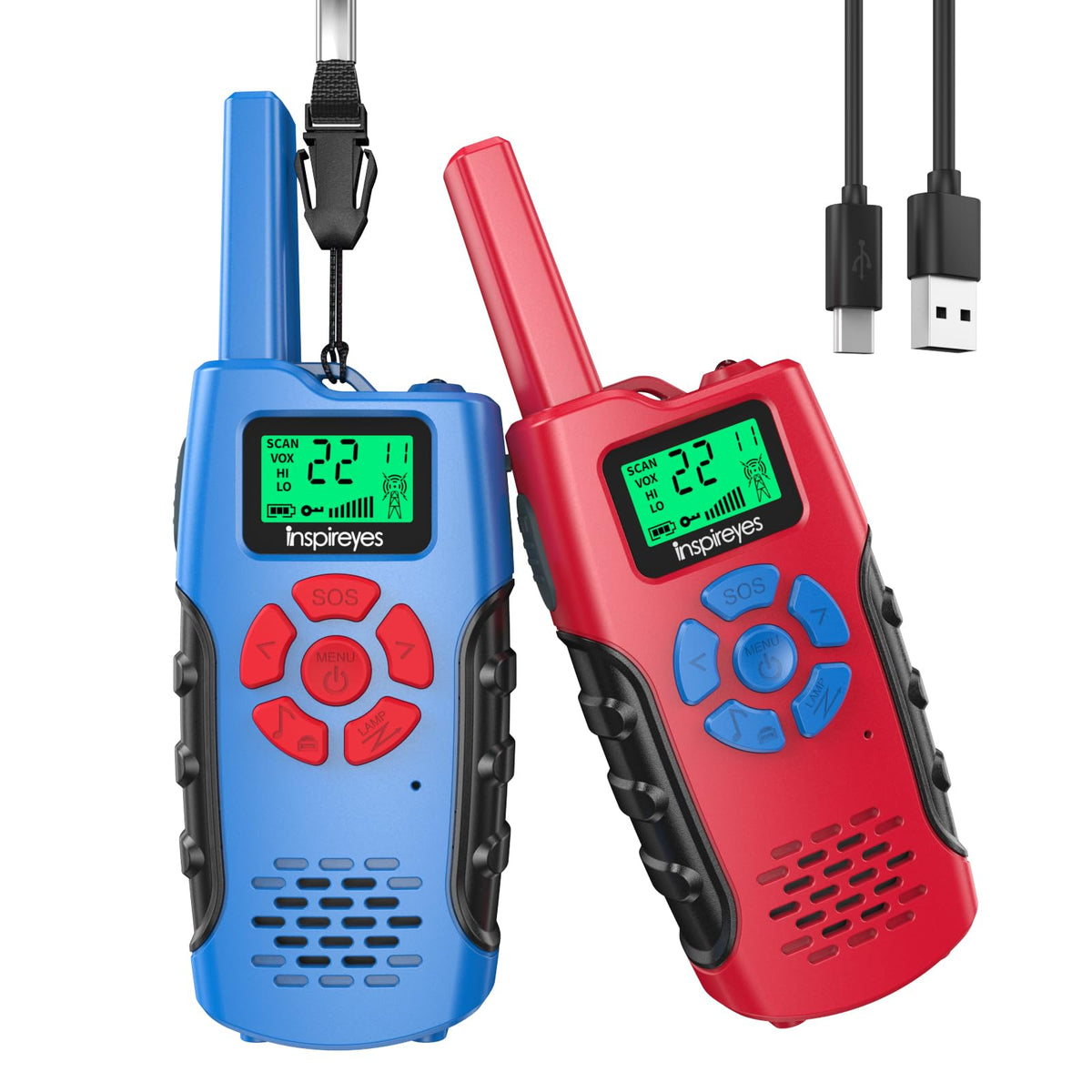 Inspireyes walkie-talkie front view highlights kid-friendly grip for small hands.