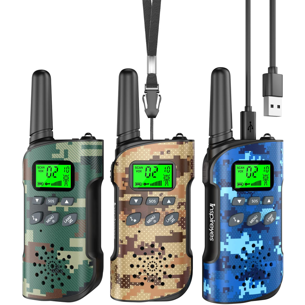 Inspireyes kids’ walkie talkies pack top view shows compact rechargeable design for outdoor play