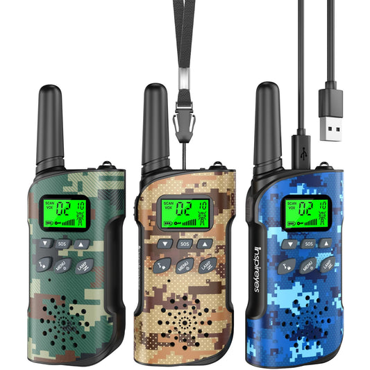 Inspireyes kids’ walkie talkies pack top view shows compact rechargeable design for outdoor play