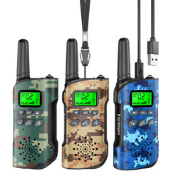 Inspireyes kids’ walkie talkies pack top view shows compact rechargeable design for outdoor play