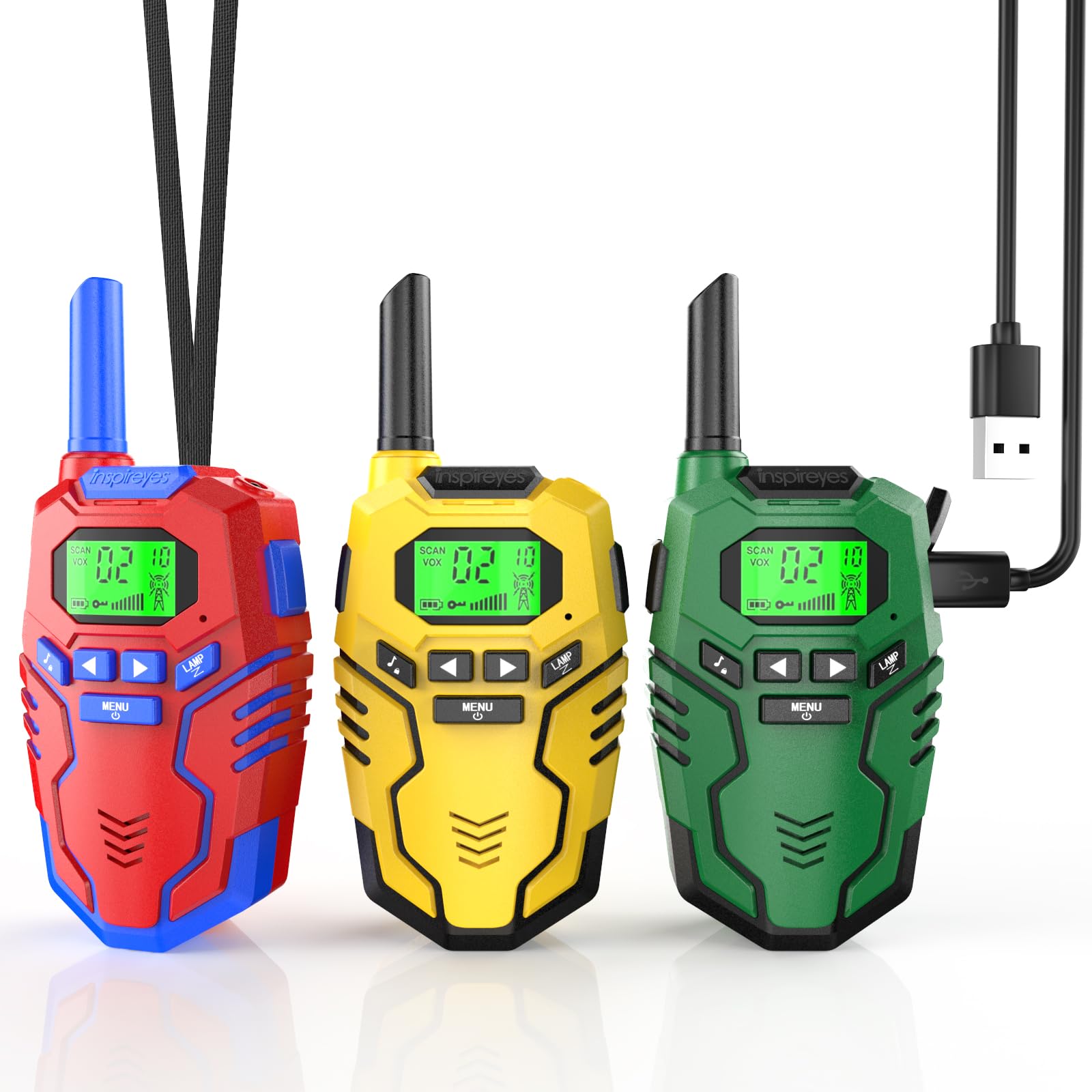 Inspireyes walkie talkie rechargeable battery powering long play sessions.