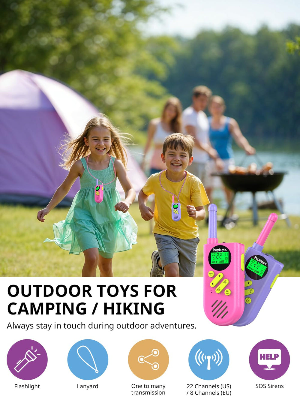 Inspireyes walkie talkies with backlit LCD display for clear use day and night.