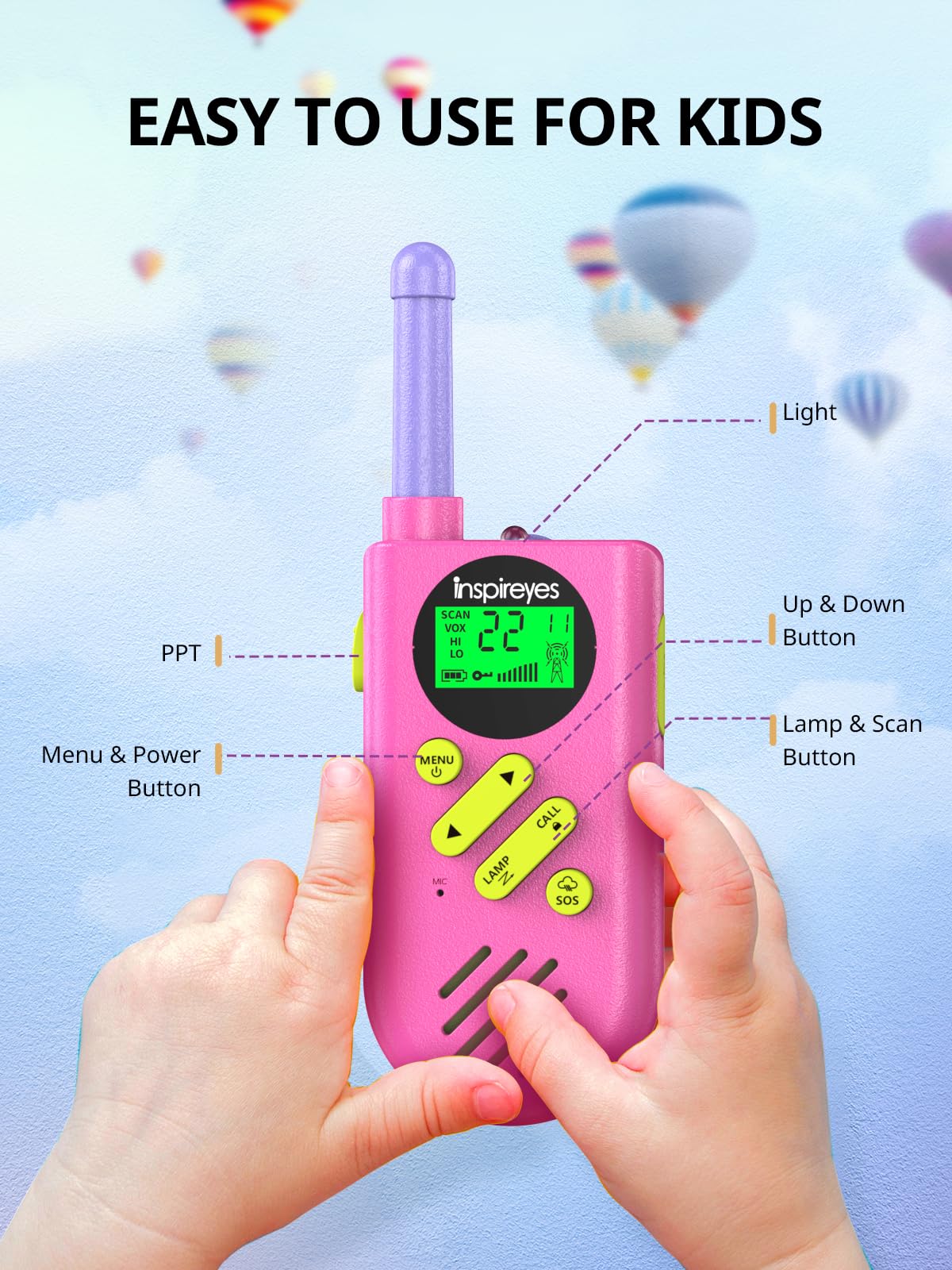 Inspireyes Kids Walkie Talkies with flashlight and SOS sirens for night use and signaling