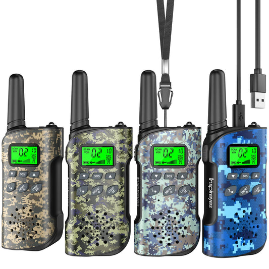 Inspireyes Walkie Talkies front view, compact rechargeable design ideal for outdoor play.