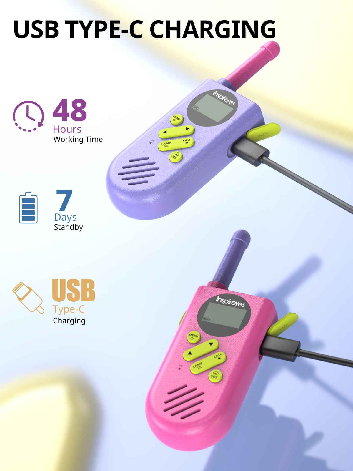 Inspireyes kids walkie talkies with long-range up to 3 miles for outdoor adventures.