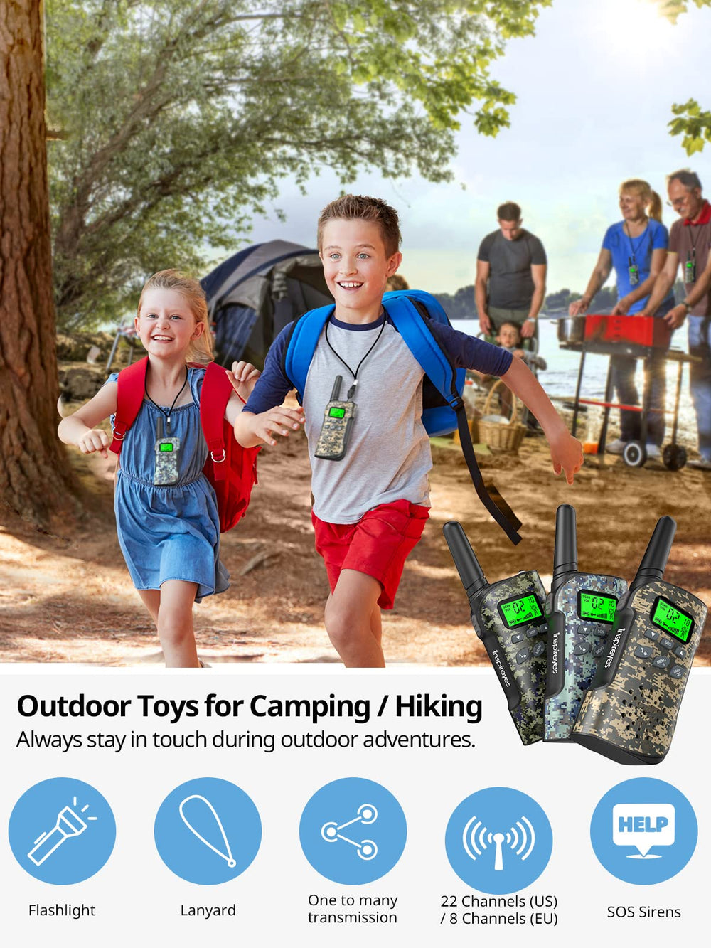 Inspireyes walkie talkies offer up to 3 miles range in open environments.