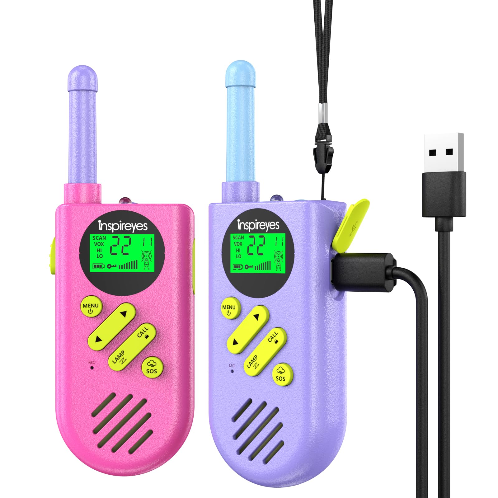 Inspireyes walkie talkies for kids, rechargeable 2-pack for mess-free playtime.