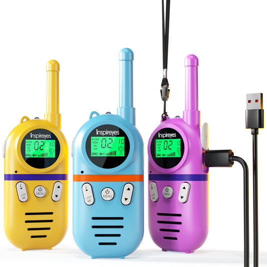 Inspireyes kids walkie talkies rechargeable; three-pack ready for outdoor play.