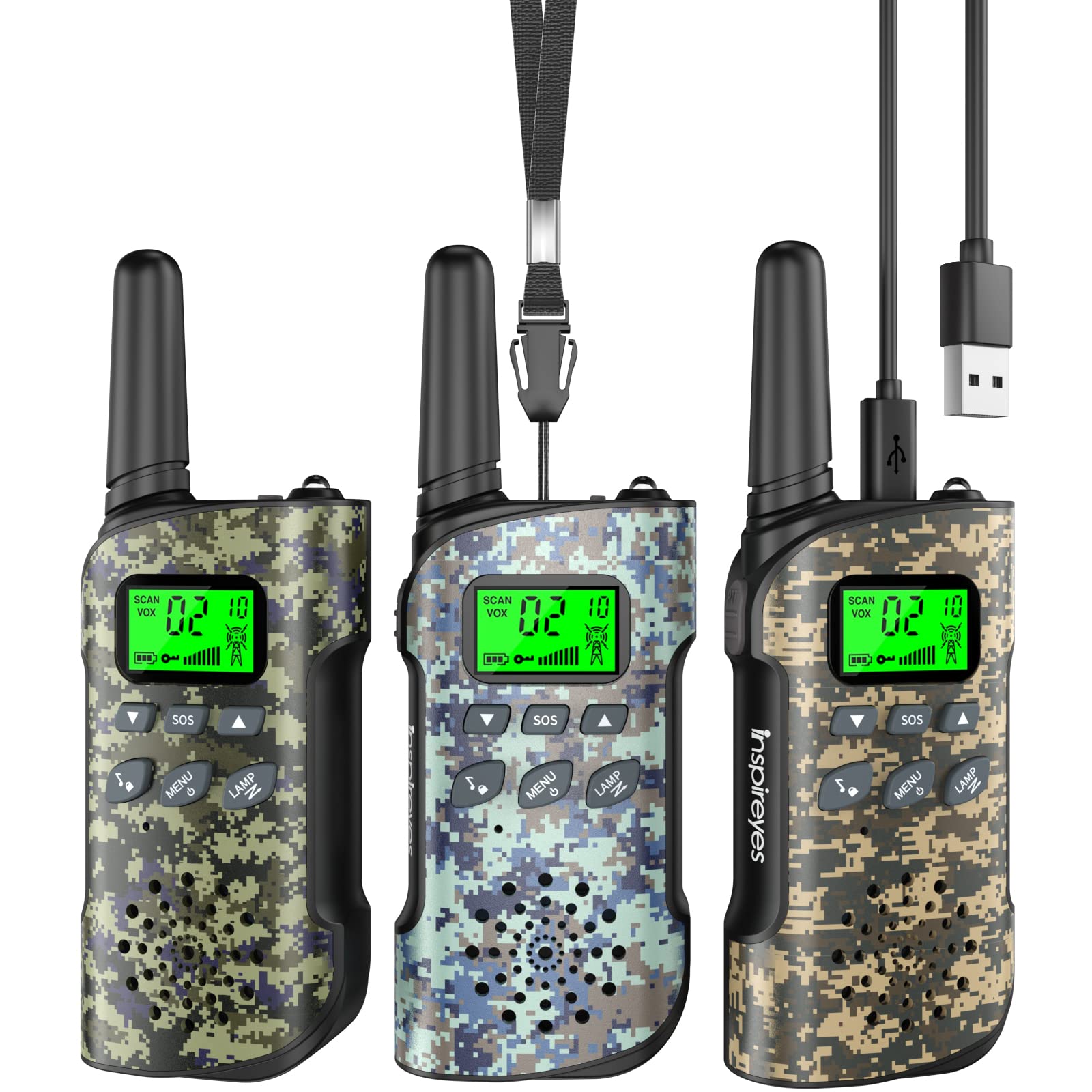 Inspireyes Kids Walkie Talkies with rechargeable battery for long play sessions.