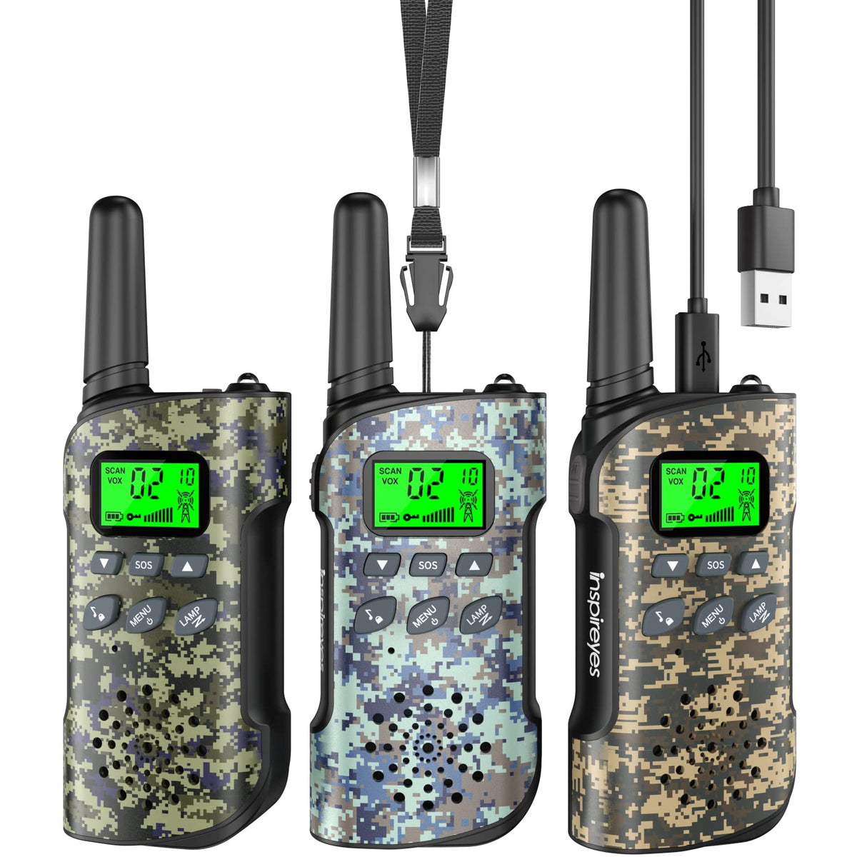 Inspireyes Kids Walkie Talkies with rechargeable battery for long play sessions.