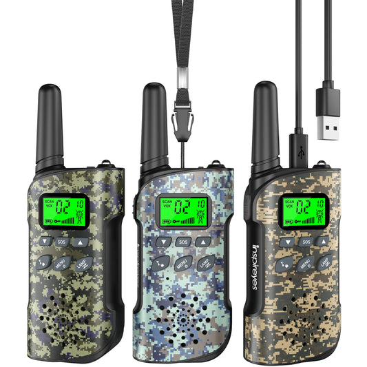 Inspireyes Kids Walkie Talkies with rechargeable battery for long play sessions.