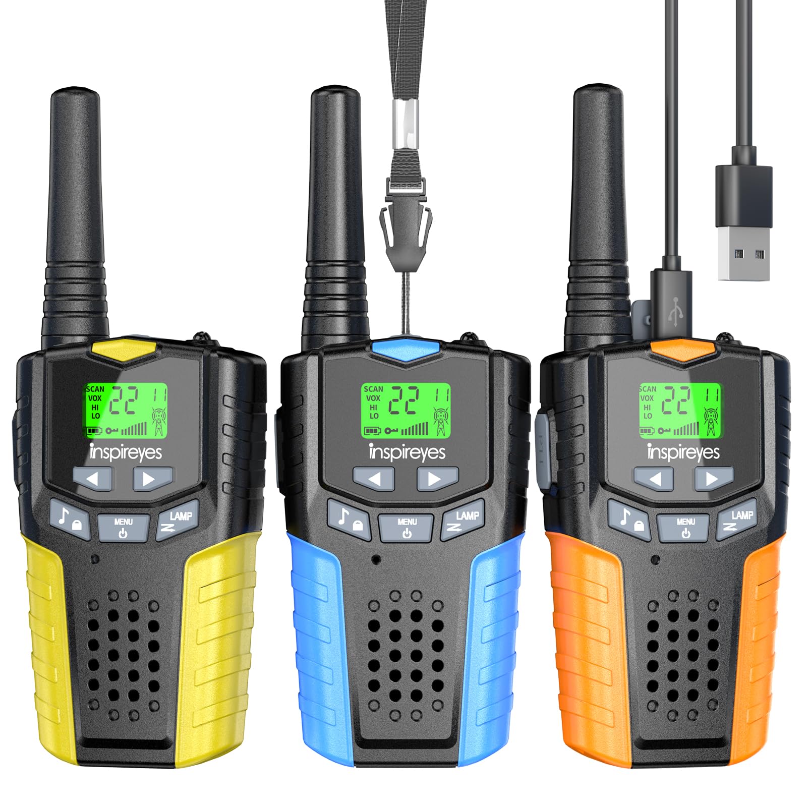 Inspireyes kids walkie talkies rechargeables in a 3-pack for family play.