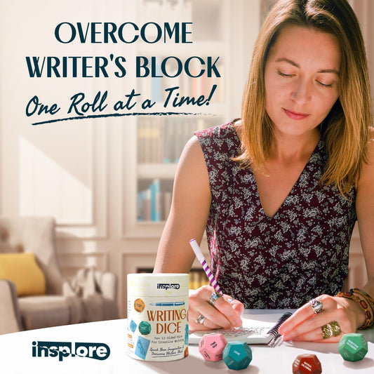 Insplore dice with colorfully painted prompts inspire unexpected plots.