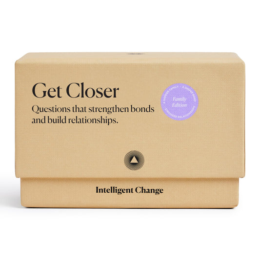 Intelligent Change Get Closer card deck cover promoting family bonding during game night.
