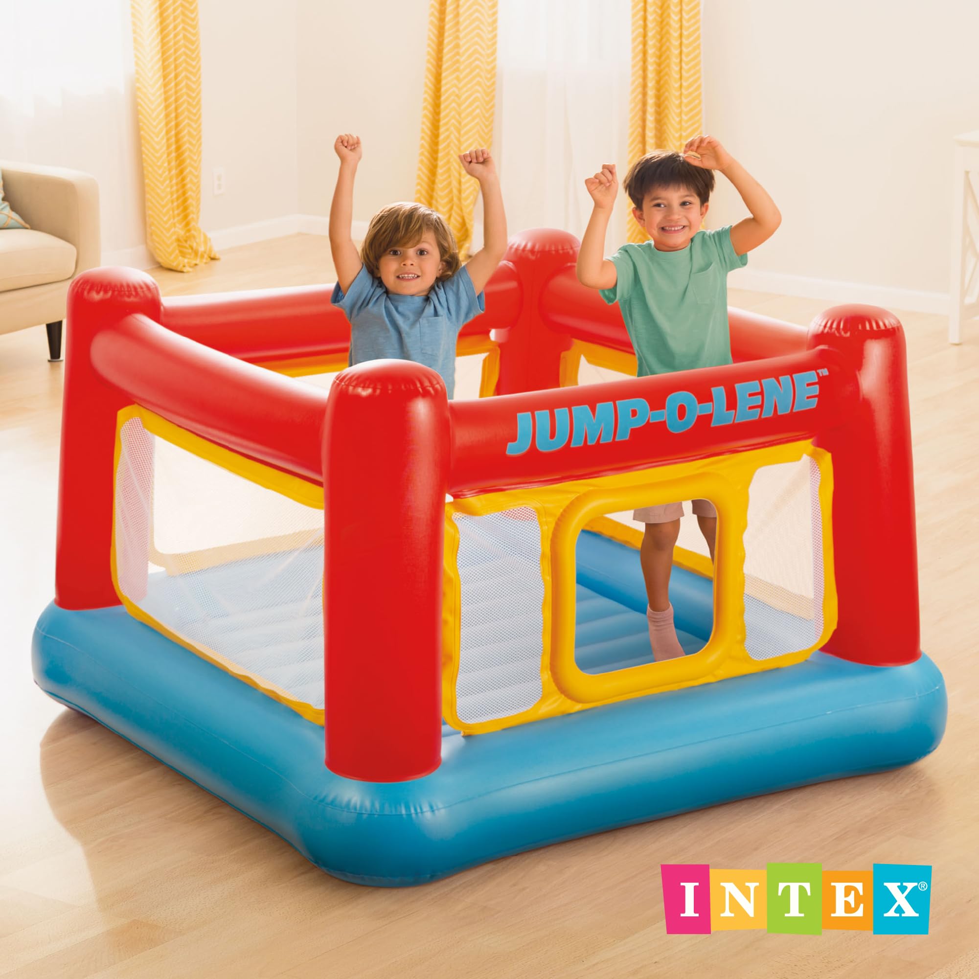 Intex Jump-O-Lene installed on lawn shows outdoor durability and family fun