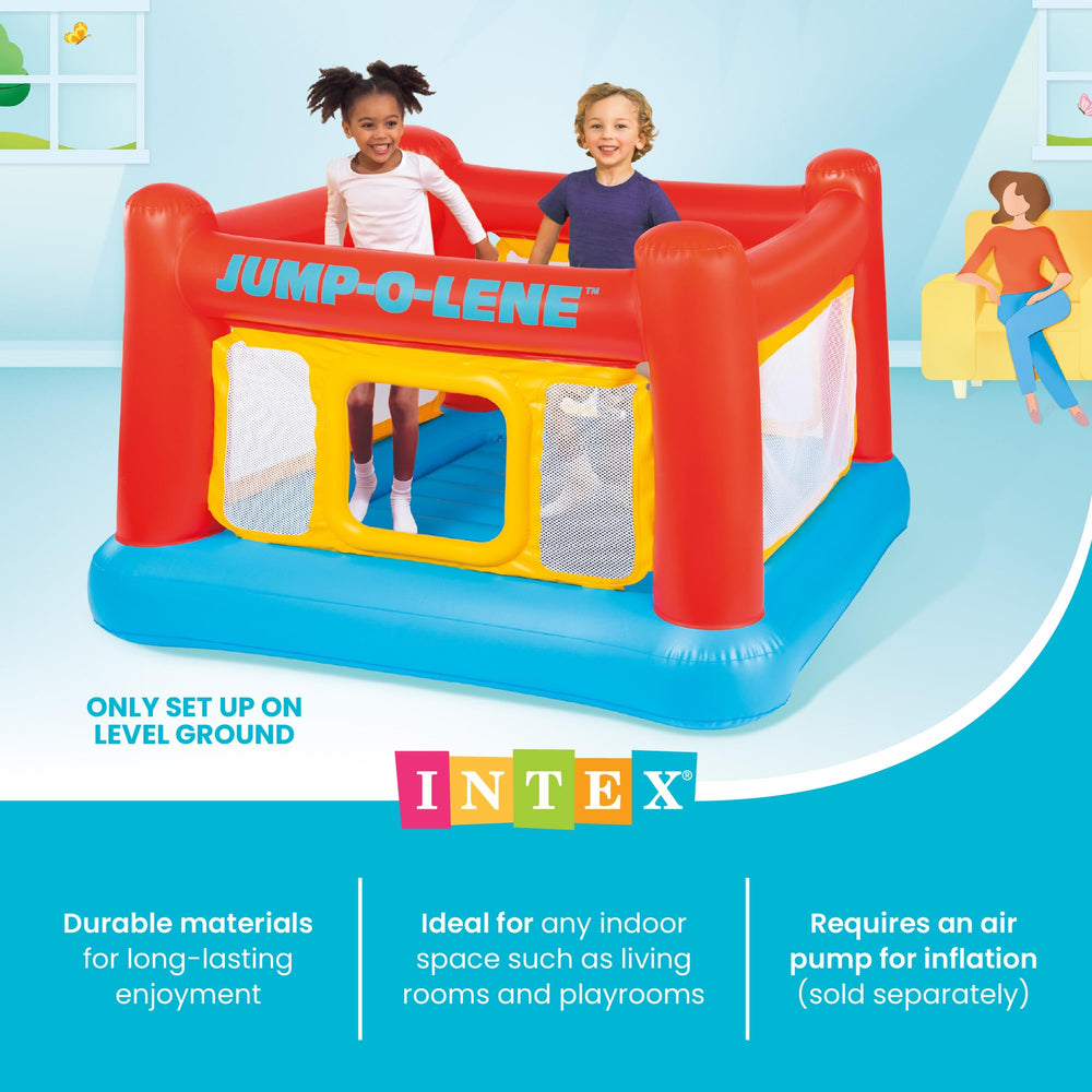 Intex Jump-O-Lene beside child for scale shows compact footprint and fit for rooms