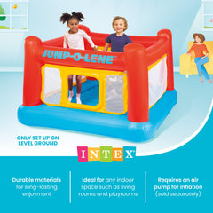 Intex Jump-O-Lene beside child for scale shows compact footprint and fit for rooms