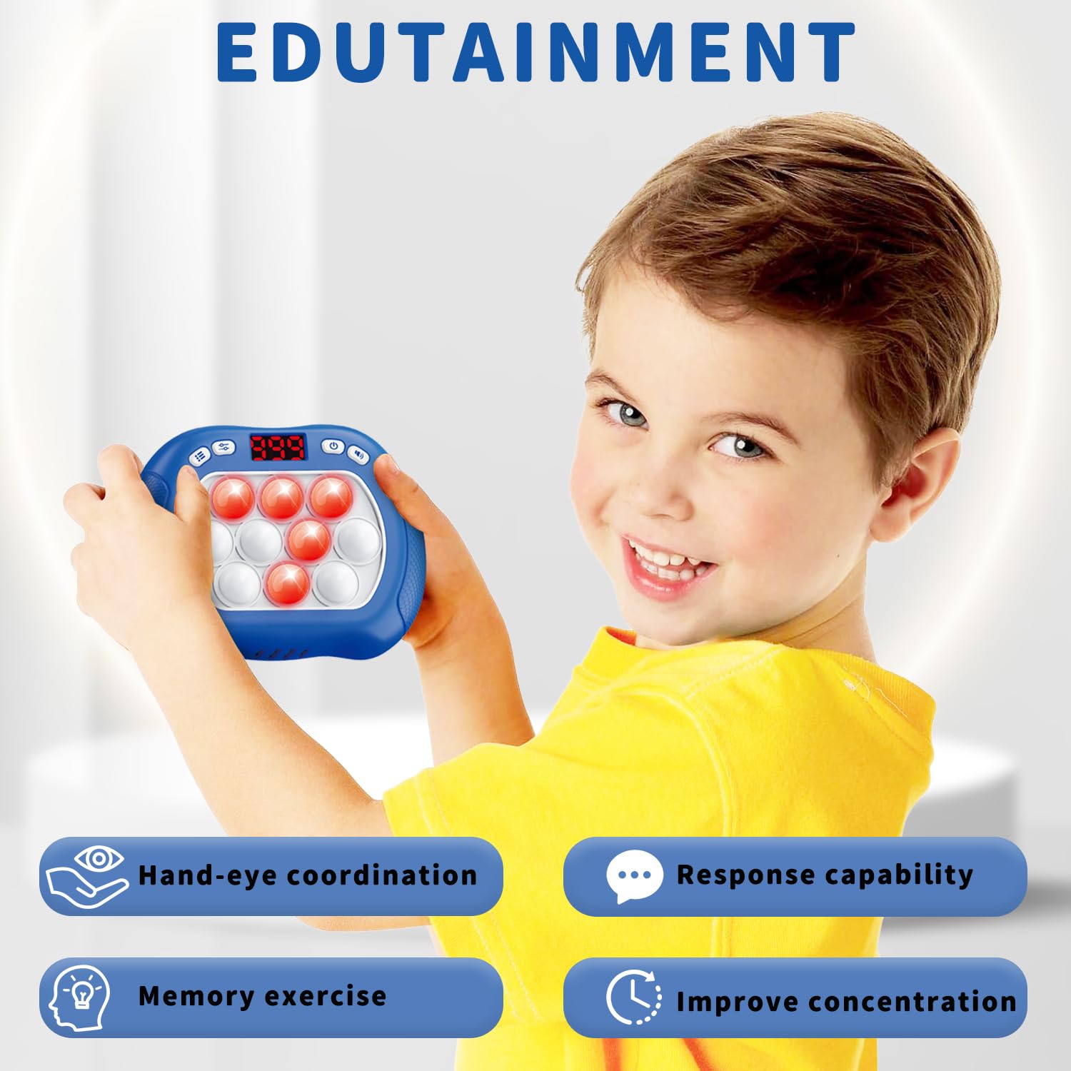 Intoypad Pop Game Fidget Toy side view highlighting six-mode LED screen for versatile play.