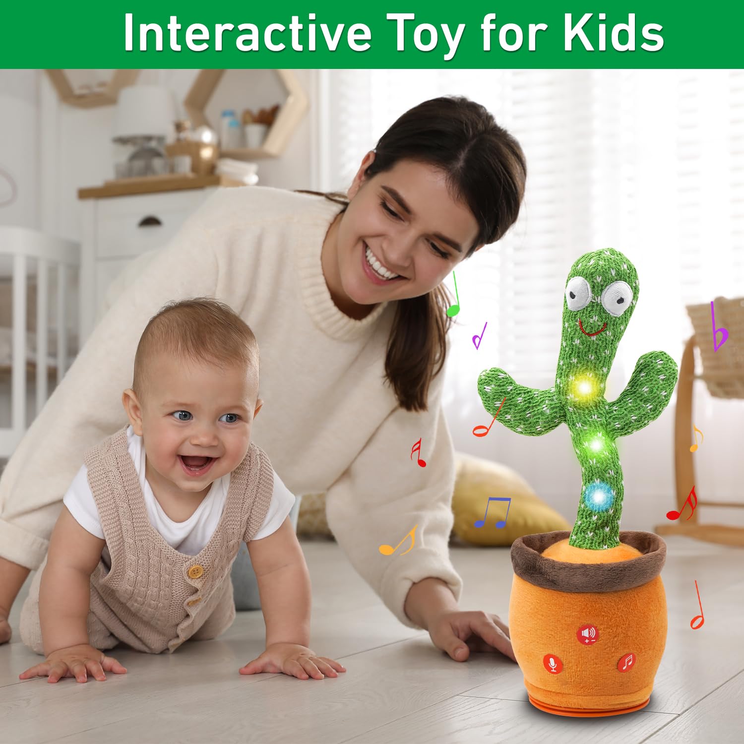 Invasgi Dancing Talking Cactus Toy close-up showcasing safe plush eyes for worry-free play
