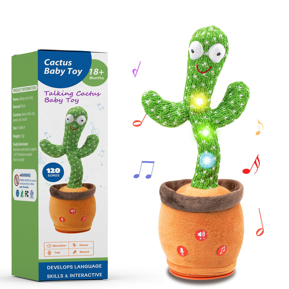 Invasgi Dancing Talking Cactus Toy front view with lights and songs for toddlers