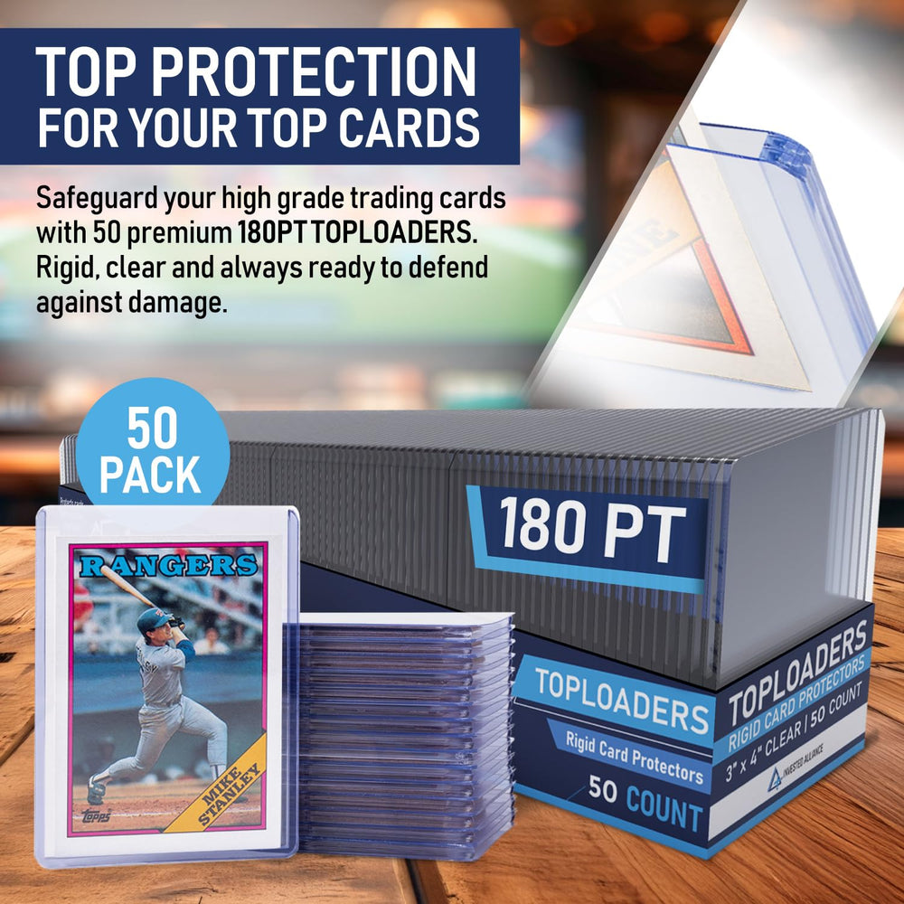 Invested Alliance top loader shows standard 2.5 x 3.5 inch cards clearly.