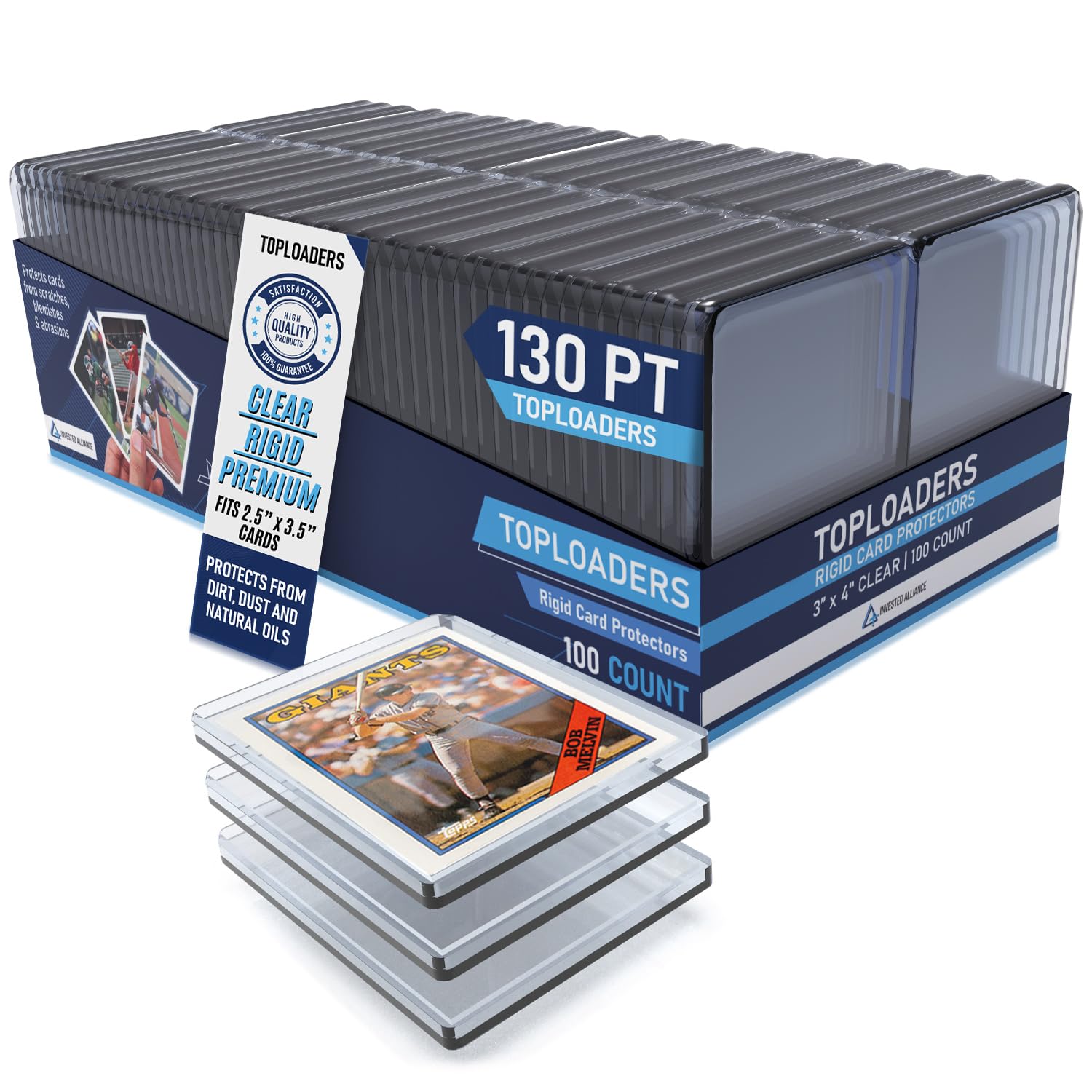 Invested Alliance top loader 130pt open-side protects 2.5x3.5 trading cards.