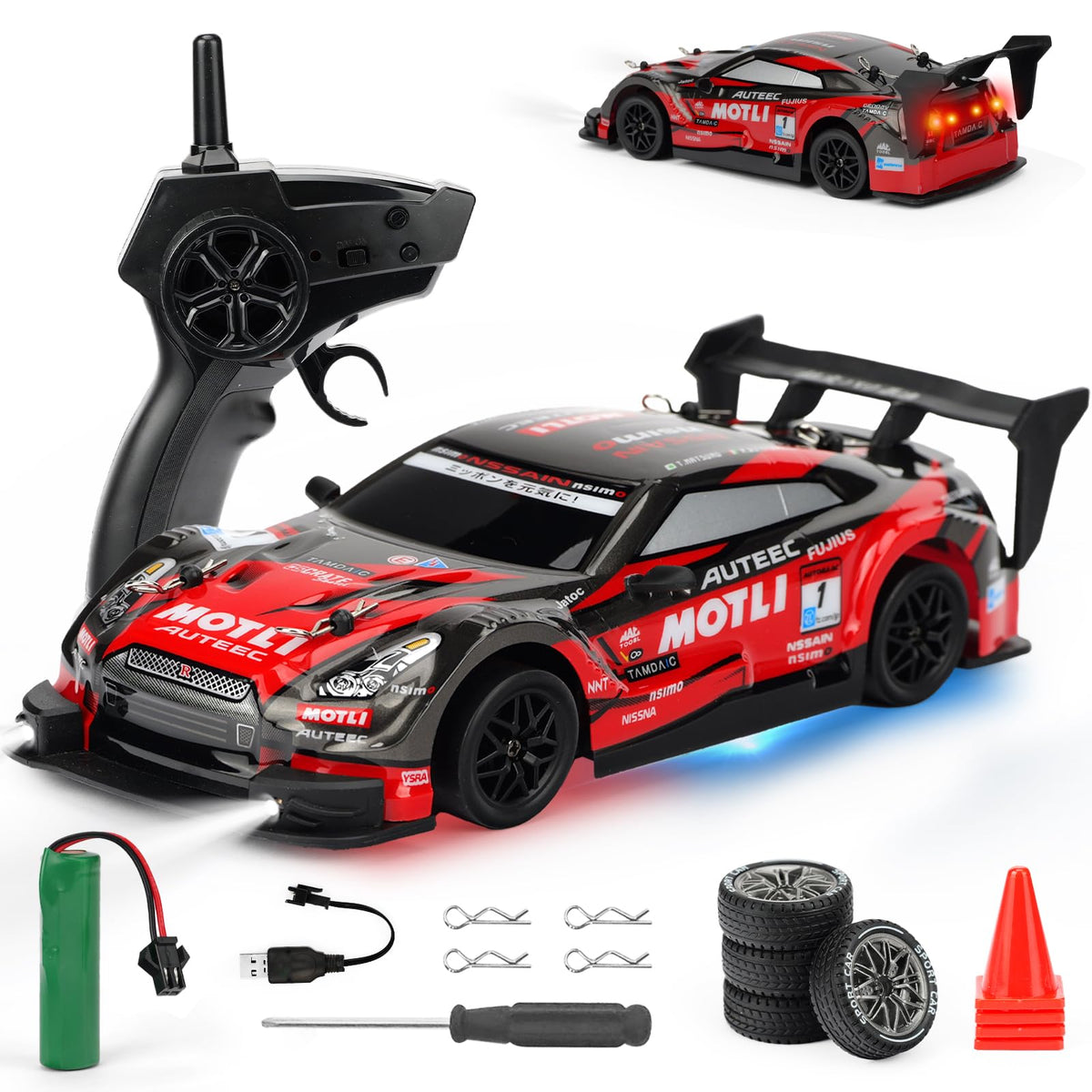 IOMDRWU RC drift car front view with bright headlights for night driving