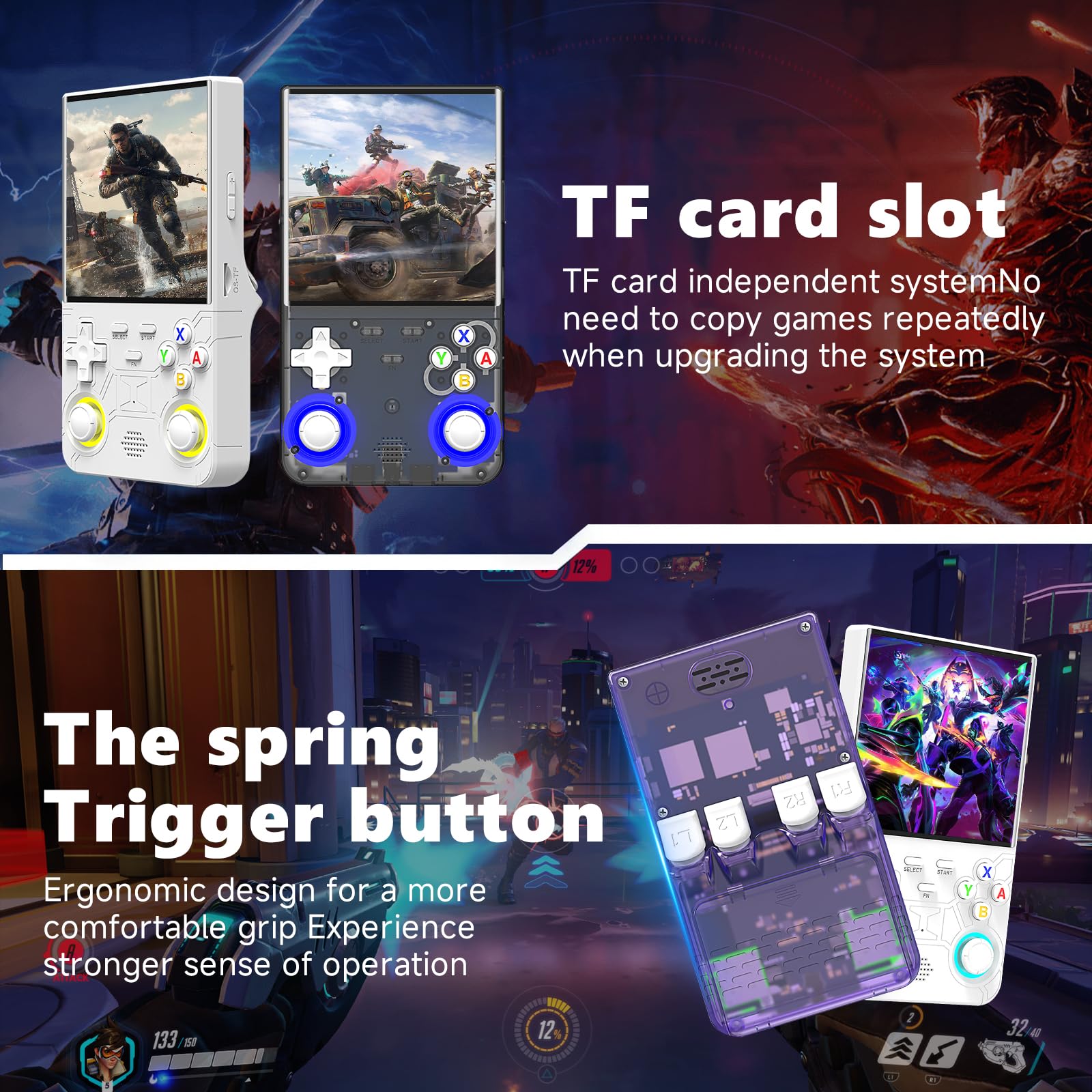 ioscre R36ULTRA 64GB storage with TF card slot for expandable game libraries.
