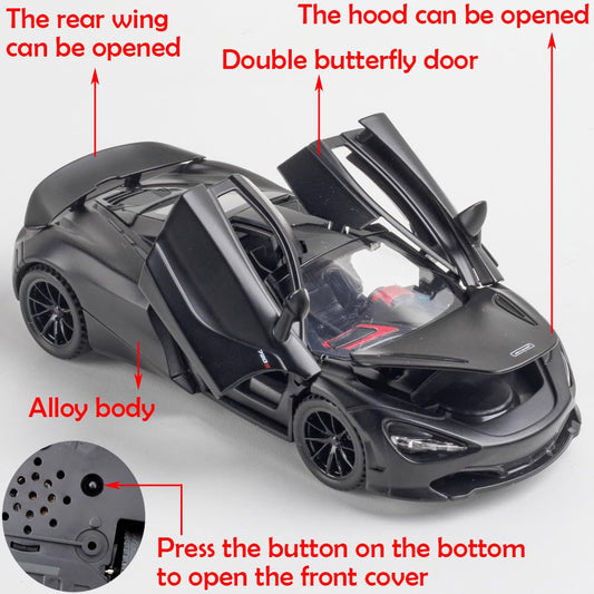 The iPariser alloy McLaren 720S shows butterfly doors opened for dramatic shelf display.