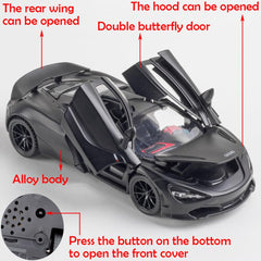 The iPariser alloy McLaren 720S shows butterfly doors opened for dramatic shelf display.