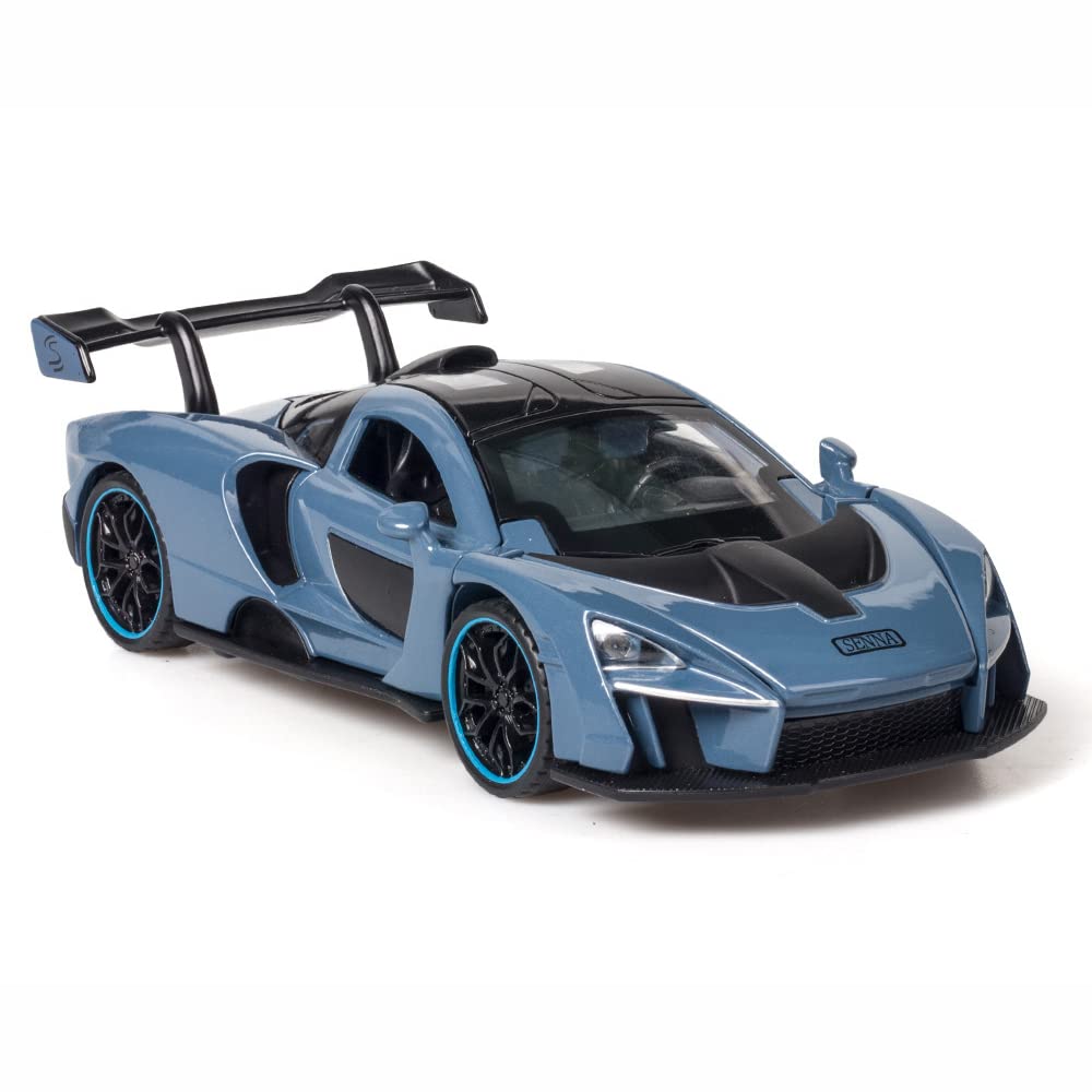 iPariser alloy blue McLaren Senna toy, front view with lights and pull-back action
