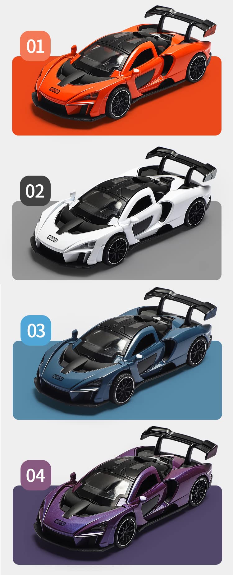 iPariser alloy blue McLaren Senna toy packaging, premium presentation