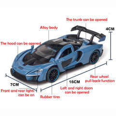 iPariser alloy blue McLaren Senna toy, side profile showing scale detail