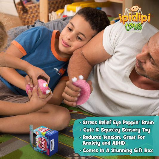 IPIDIPI TOYS Flippy Brain closeup showing bulging popping eyes and squishy texture.