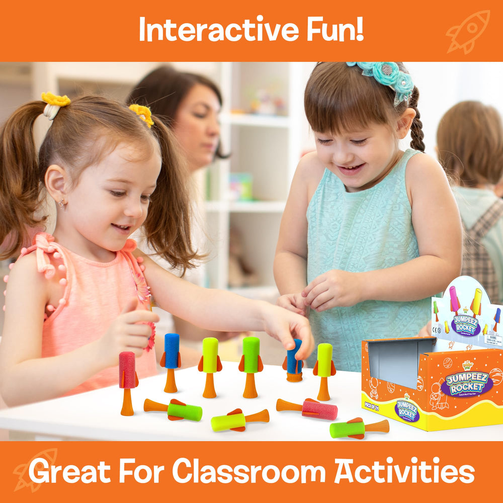 In-flight Jumpeez rocket popper with vivid glow designed for safe indoor play.