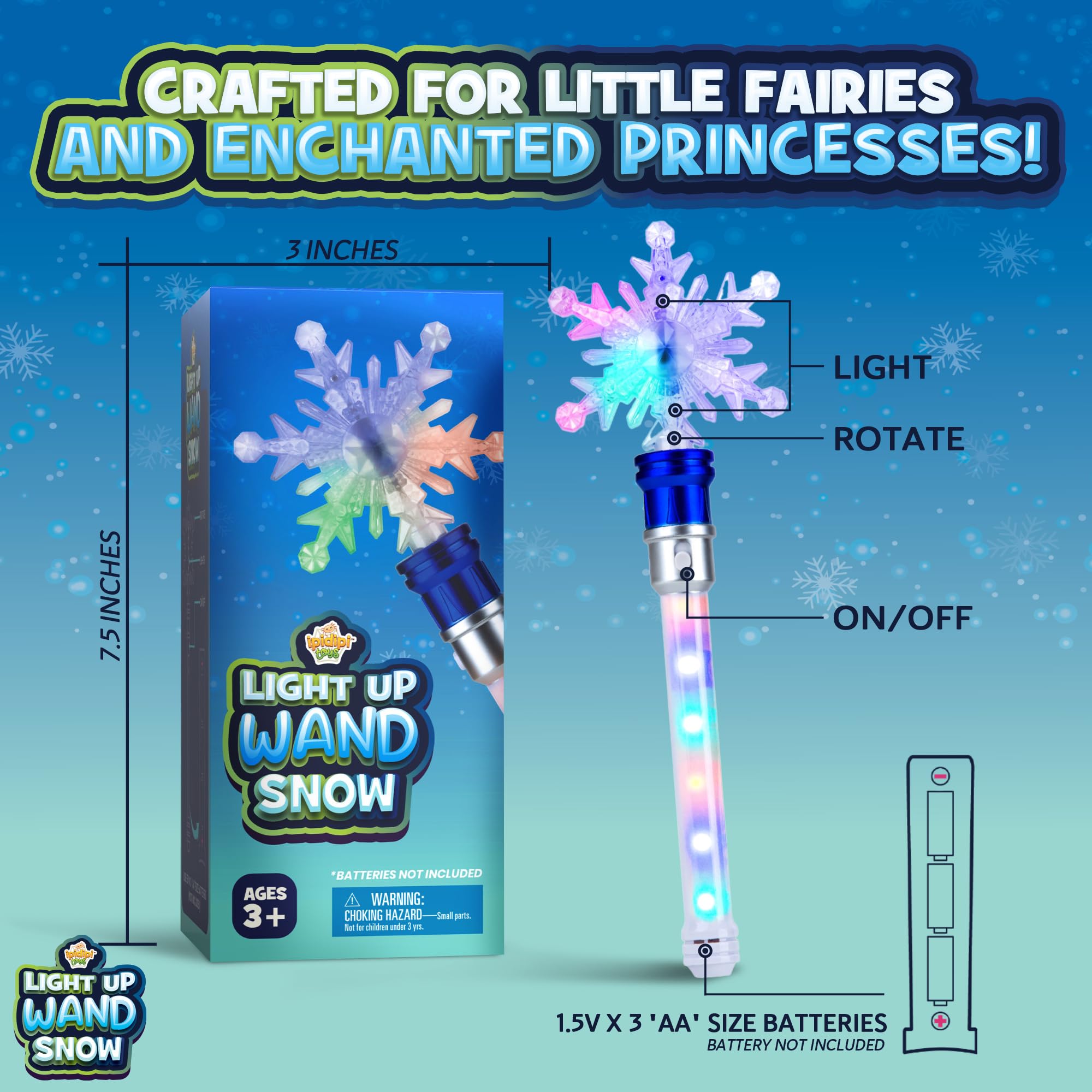 IPIDIPI TOYS Snowflake Wand light-up action creates a glowing winter wonderland for celebrations.