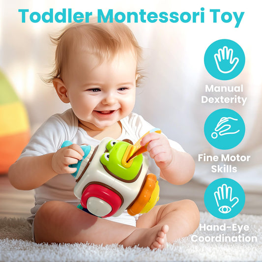 iplay 6in1 busy board cube frog tongue pull-out for tactile exploration on the go