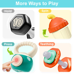 iPlay baby gym set features colorful rattles to boost early learning and play.