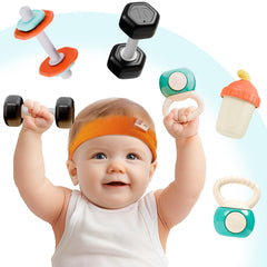 iPlay gym rattle dumbbell for babies with safe edges and bright colors to promote exploration.