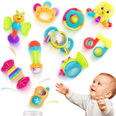 iPlay iLearn 10-piece baby rattle set in bright colors for early sensory exploration.