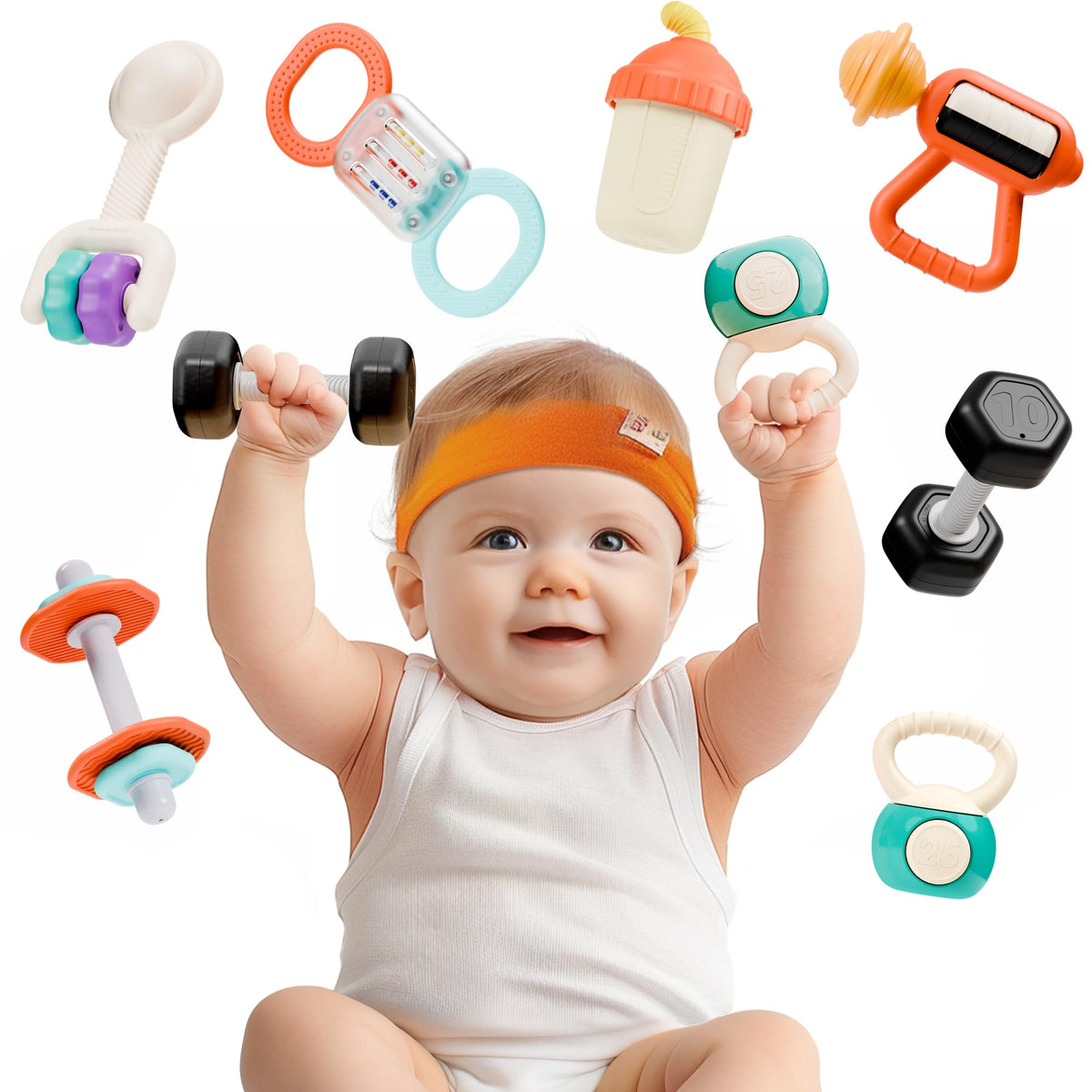 iPlay iLearn baby first gym rattle set with dumbbell teether for safe sensory play