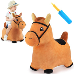 iPlay iLearn Bouncy Pals brown hopping horse front view for safe toddler play.